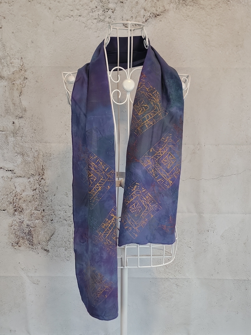 Silk Scarf Batik Style Print Purple, Indigo, Navy Blue Watercolor Background